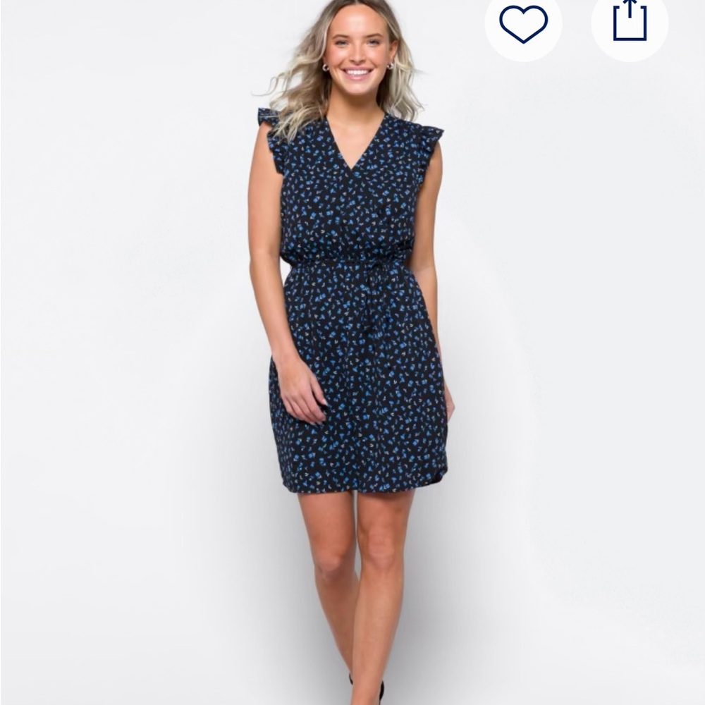 Flutter sleeve dress, black with blue flowers